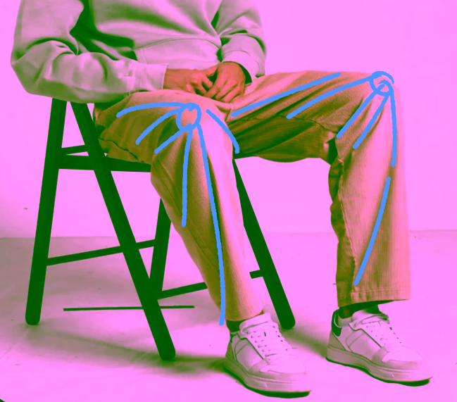 The direction of the folds in the trousers